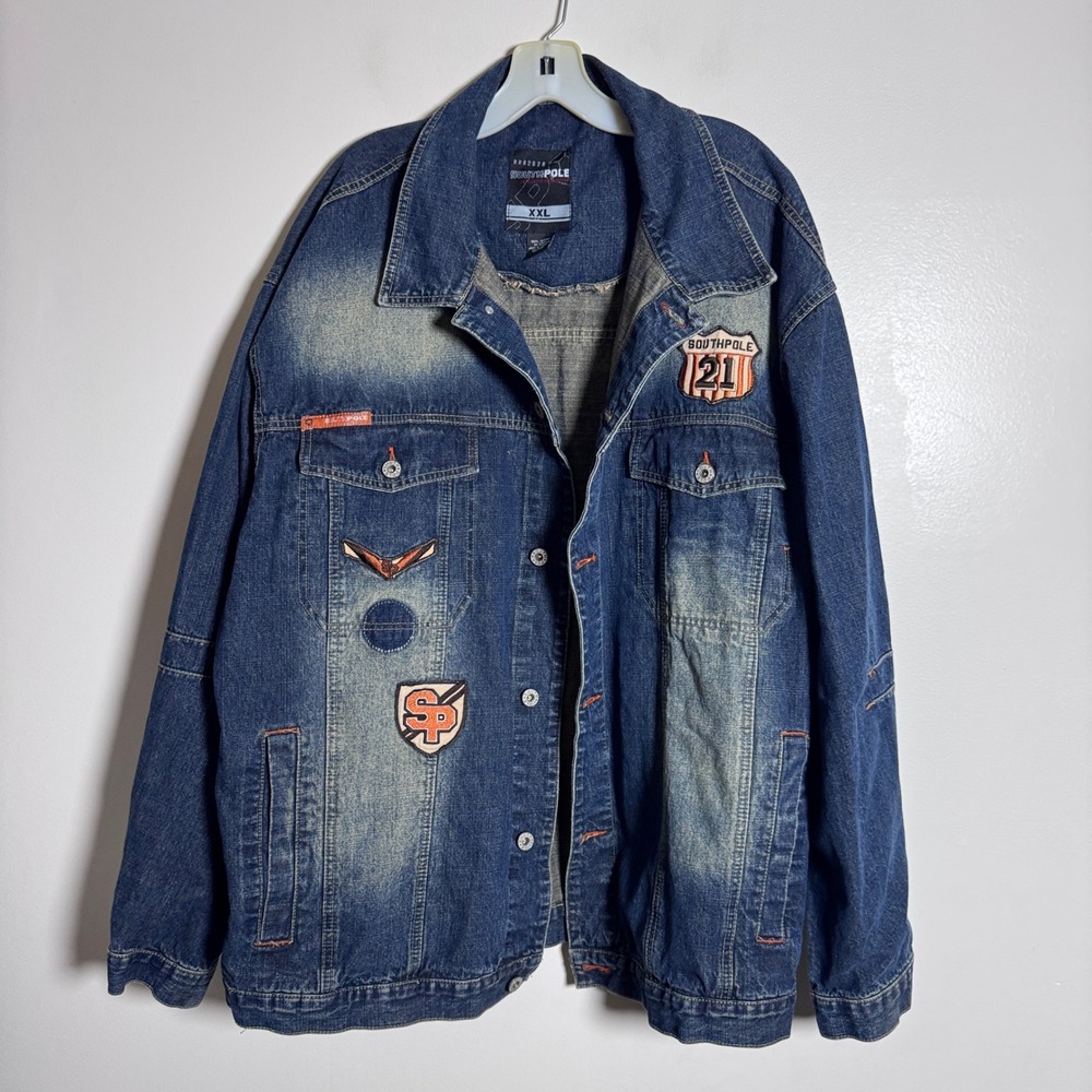 Southpole Denim Jacket Mens XXL Blue Solid Patched Streetwear‎ Hip Hop Y2K